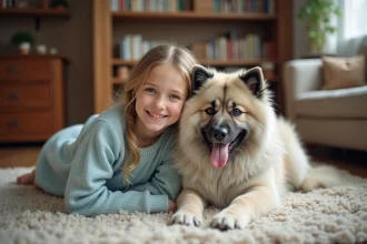 Jeune fille assise sur un tapis avec un chien Eurasier calme dans un salon chaleureux