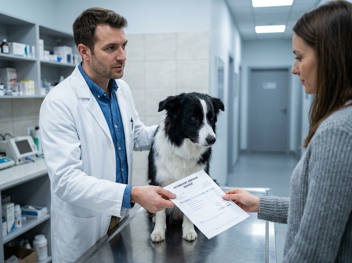 Vétérinaire remettant une facture à une propriétaire de chien dans une clinique vétérinaire moderne