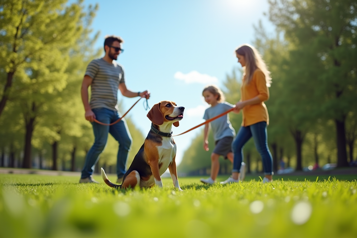 Famille dans un parc entraînant leur beagle en plein air