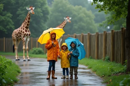 Famille sous parapluies au zoo de La Palmyre sous la pluie