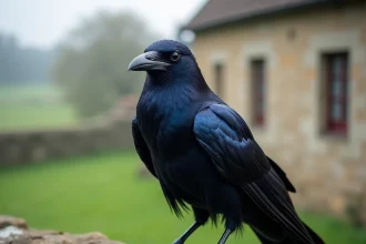 Corbeau commun perché sur un mur en pierre en milieu rural, plumage noir irisé très détaillé