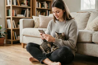 Femme utilisant une application pour chat sur smartphone avec son chat tigré sur les genoux dans un salon cosy