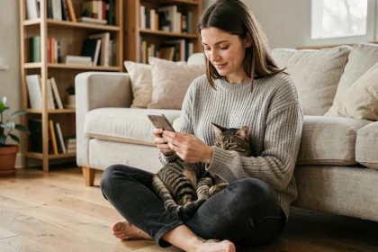 Femme utilisant une application pour chat sur smartphone avec son chat tigré sur les genoux dans un salon cosy
