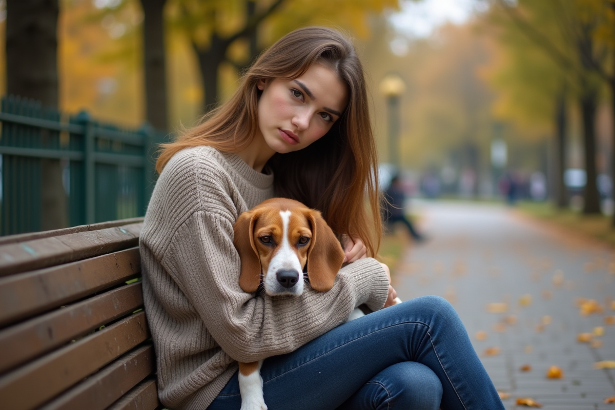 Jeune femme avec un beagle triste dans un parc en automne