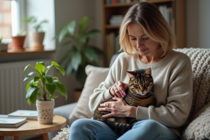 Femme avec chat et glucometre dans un salon cosy
