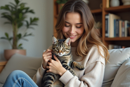 Jeune femme avec un chaton dans un salon chaleureux