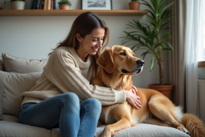 Femme en jean et pull câline son chien dans un salon moderne
