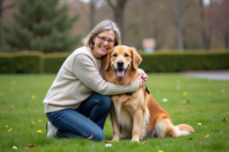 Femme en printemps avec chien golden retriever dans parc