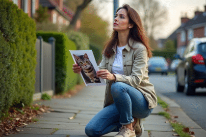 Femme en jean tenant un flyer avec un chat dans un quartier calme