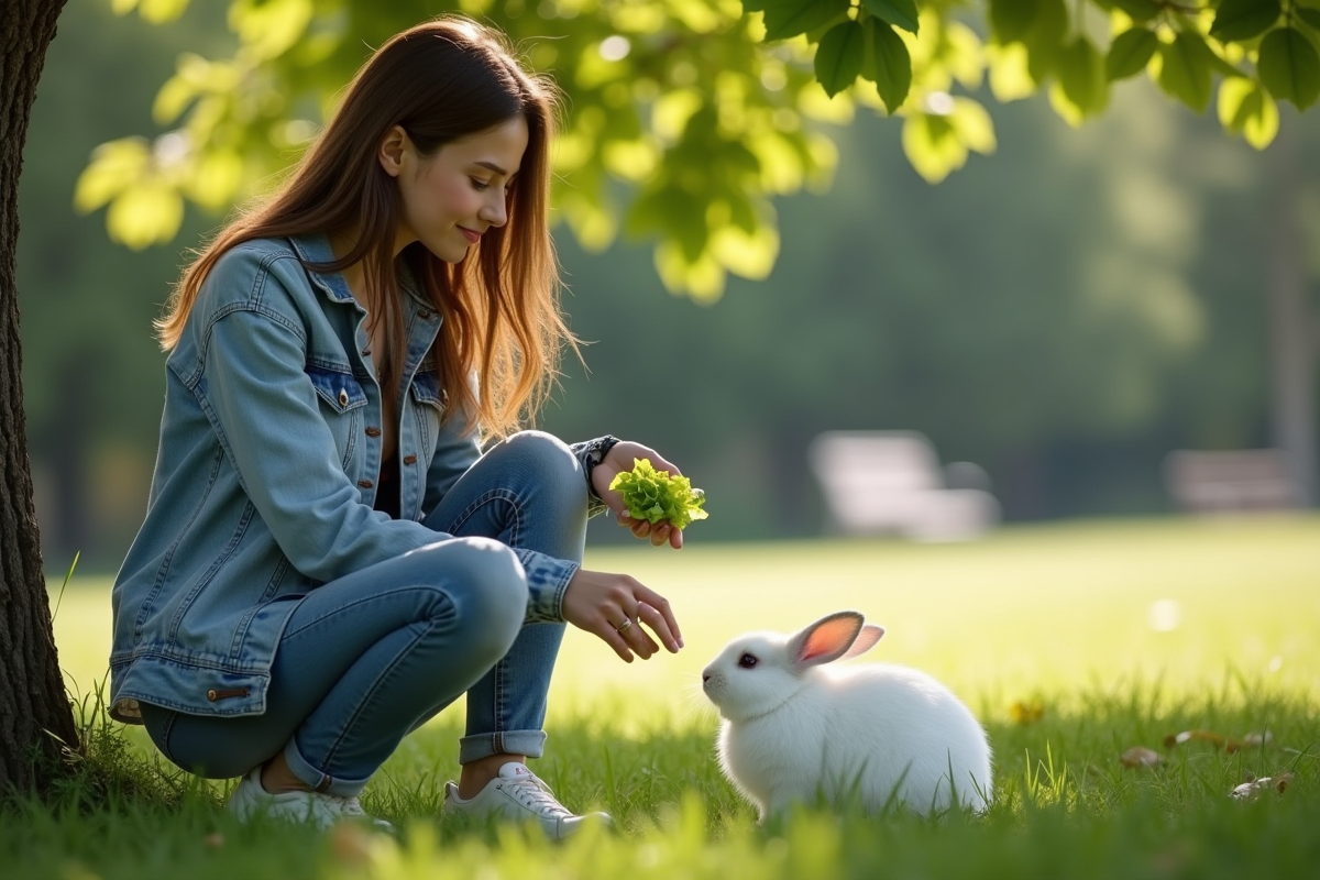 Jeune femme offrant une laitue à un lapin dans un parc urbain
