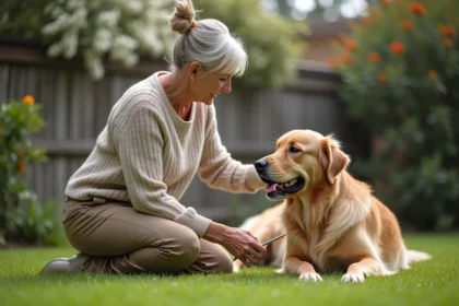 Femme caressant un golden retriever dans un jardin calme