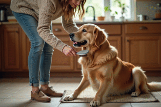 Femme coiffant un golden retriever dans la cuisine chaleureuse