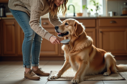 Femme coiffant un golden retriever dans la cuisine chaleureuse