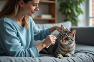 Femme caressant un chat gris dans un salon moderne