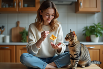 Femme assise avec un chat dans une cuisine chaleureuse
