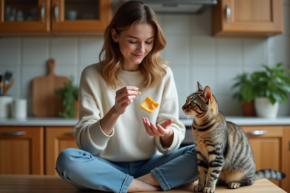 Femme assise avec un chat dans une cuisine chaleureuse