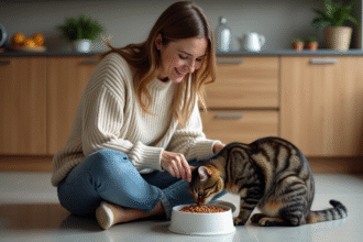 Femme et chat en douceur dans une cuisine moderne