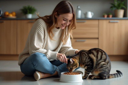 Femme et chat en douceur dans une cuisine moderne