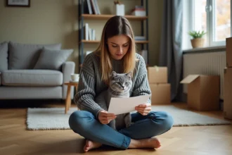 Jeune femme tenant un chaton British Shorthair bleu dans un appartement modeste, lisant un document avec une expression préoccupée