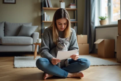 Jeune femme tenant un chaton British Shorthair bleu dans un appartement modeste, lisant un document avec une expression préoccupée