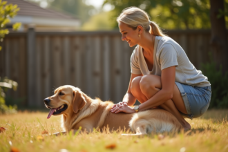 Femme vérifiant son chien retriever en été dans le jardin