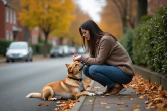 Femme anxieuse avec son chien dans une rue résidentielle en automne