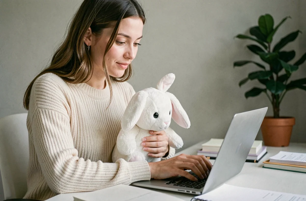 Jeune femme comparant les prix d'un jouet Bunny Pal sur son ordinateur portable à la maison