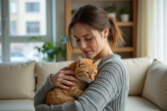 Femme tenant affectueusement son chat roux avant de le confier à une association ou à un particulier