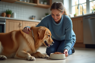Femme d'âge moyen verse de la nourriture pour chien dans un bol dans une cuisine chaleureuse