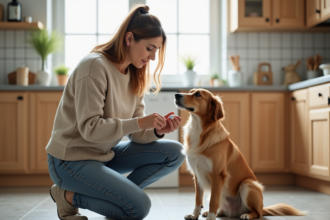Femme donnant un médicament à son chien dans la cuisine