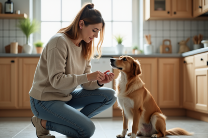 Femme donnant un médicament à son chien dans la cuisine