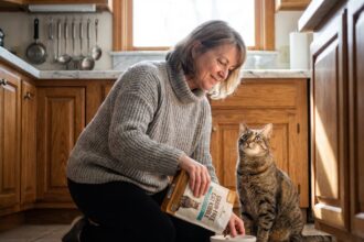 Femme en pull donne à manger à son chat dans la cuisine chaleureuse