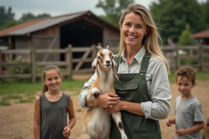 Femme souriante tenant une petite chèvre dans une ferme éducative
