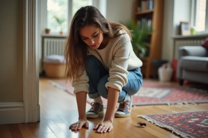 Jeune femme inspectant des déjections de puces dans un appartement