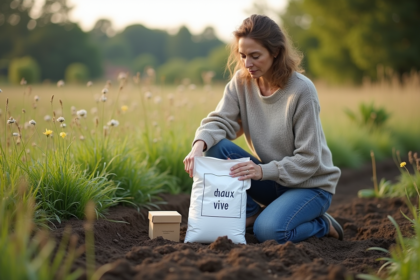 Femme en jeans et pull neutre près du jardin avec chaux vive