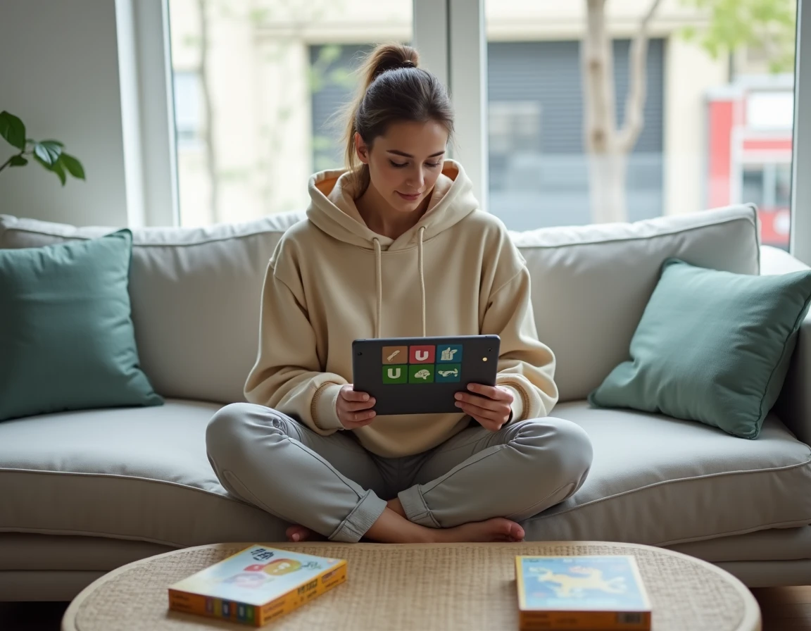 Jeune femme assise sur un canapé consultant un jeu de mots avec des animaux en U sur une tablette numérique