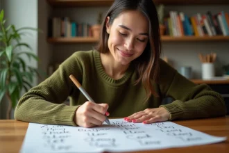 Jeune femme jouant au petit Bac en écrivant des noms d'animaux commençant par X sur une feuille de papier