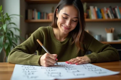 Jeune femme jouant au petit Bac en écrivant des noms d'animaux commençant par X sur une feuille de papier