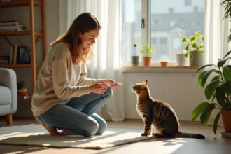 Jeune femme joue avec un chat dans un salon lumineux