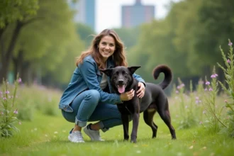 Jeune femme souriante avec chien dans un parc urbain