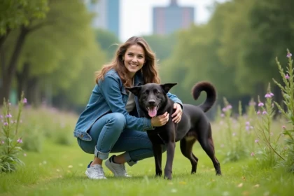 Jeune femme souriante avec chien dans un parc urbain