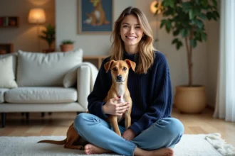 Jeune femme souriante avec chien Thai Ridgeback dans salon