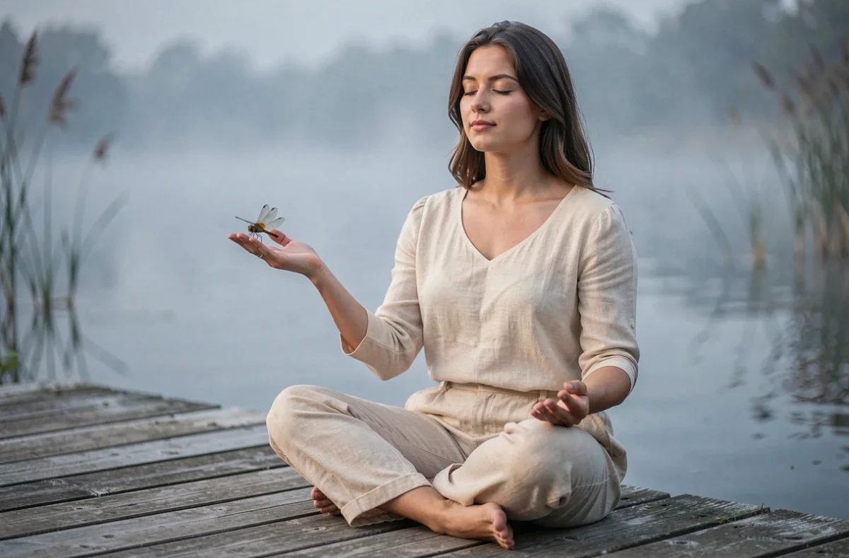 Femme méditant avec une libellule sur sa main, pratique de la manifestation et loi de l'attraction