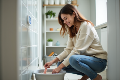 Jeune femme nettoyant la litière de chat dans une salle de bain lumineuse