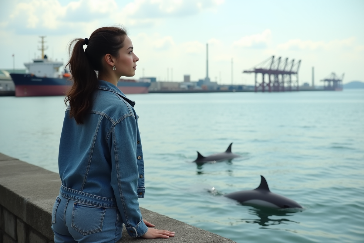 Jeune femme observant des dauphins près du port industriel