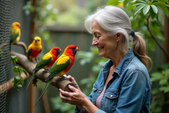 Femme observant un perroquet rosella dans un aviary extérieur