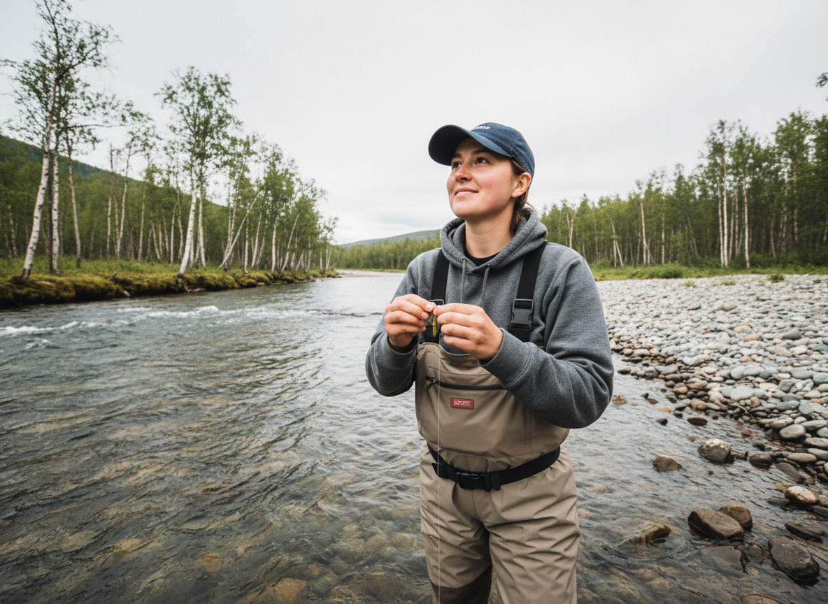 Jeune femme en waders à la rivière en train de fixer une leurre