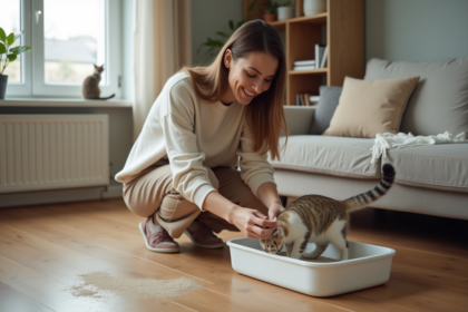 Jeune femme dépose de la poudre absorbante dans la litière