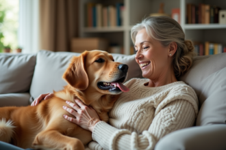 Femme caressant un retriever au salon lumineux