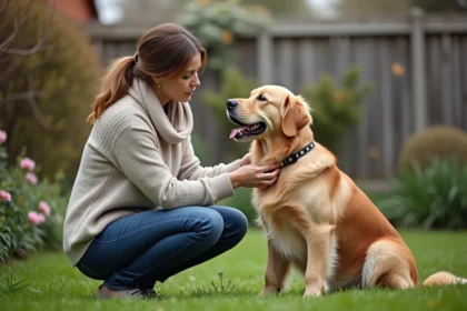 Femme et chien retriever dans un jardin au printemps